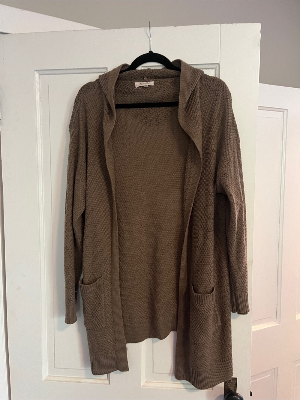 Waffle Knit Hooded Open Cardigan - Taupe